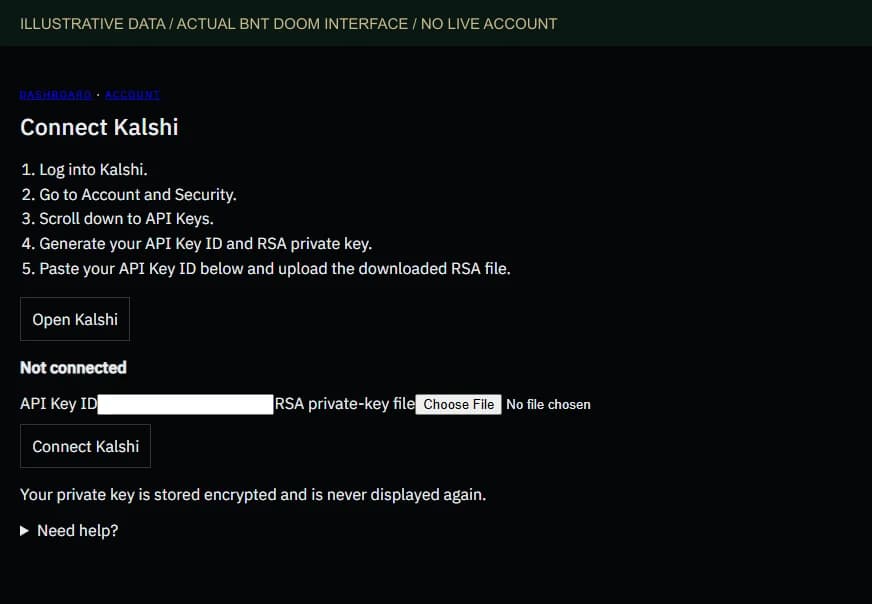 Current Connect Kalshi form with empty API Key ID and RSA private-key inputs. No credentials or account balance is present.
